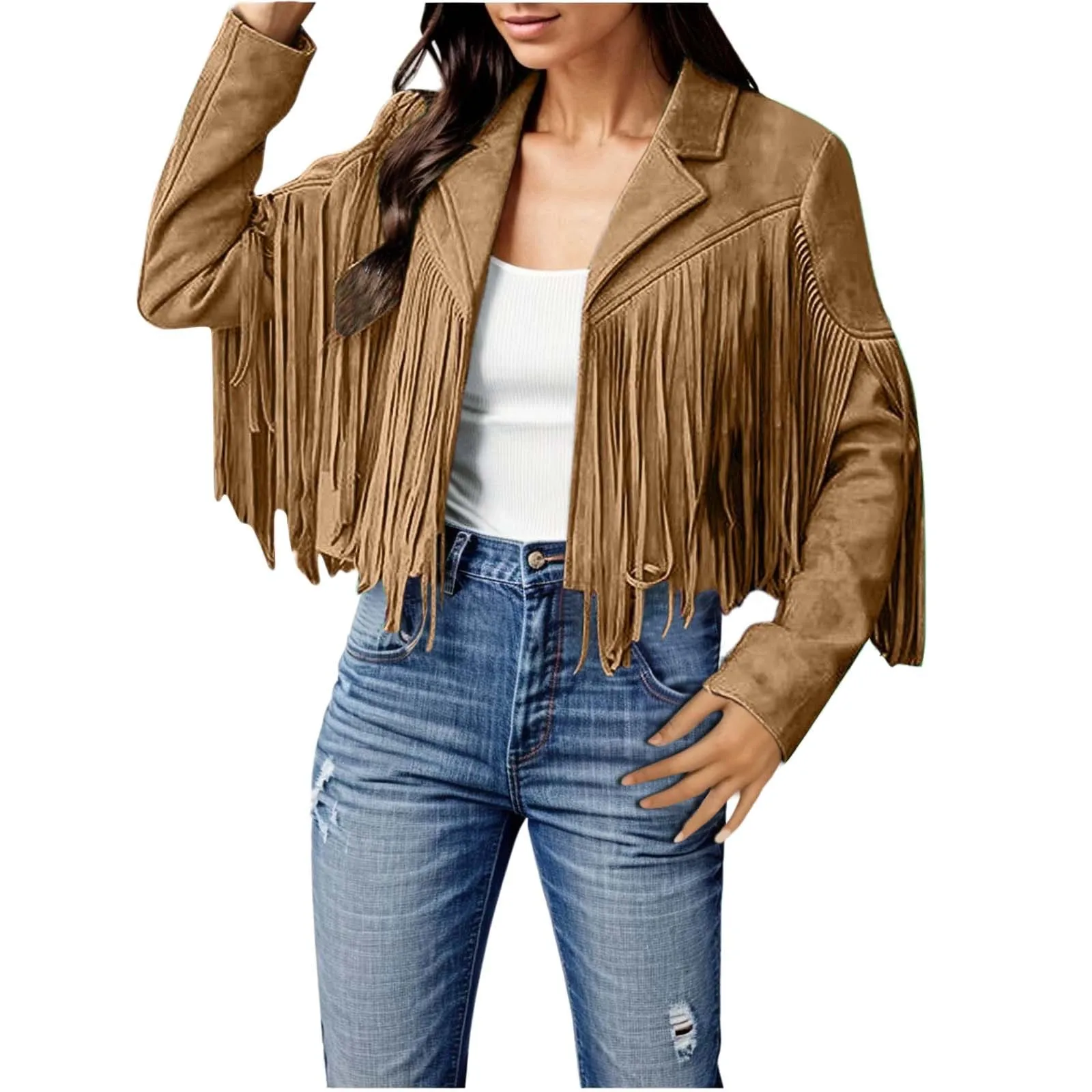 Women Fringed Hem Tassel Cardigan Crop Tops Faux Suede Leather Motorcycle Jacket Hippie Vintage Streetwear Lapel Coat