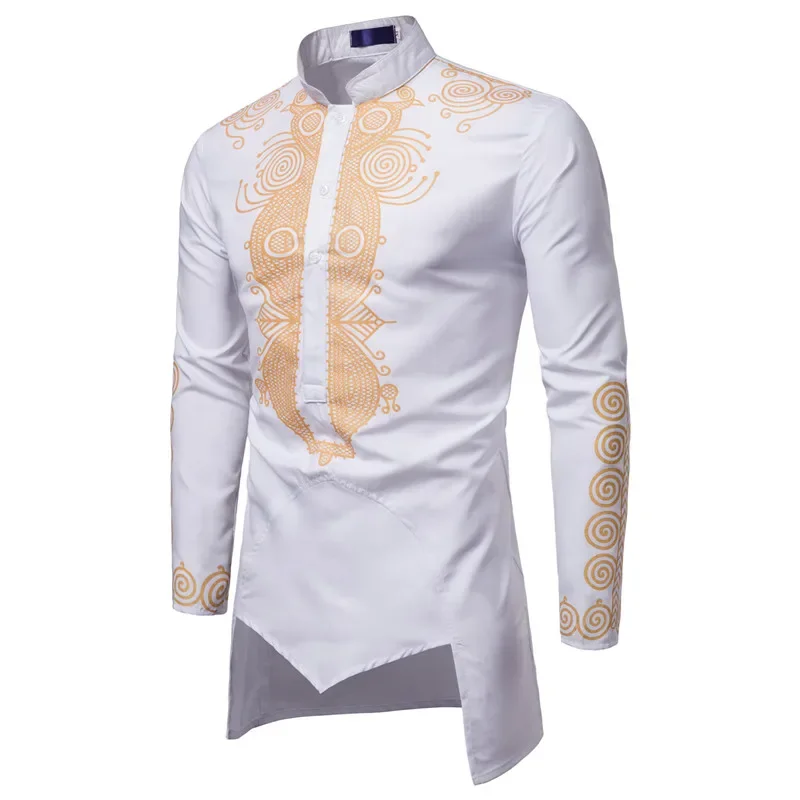 New Trend Thin Slim European Style  Dress Men‘s Print Golden Flowers Long Sleeve Shirt  Streetwear African