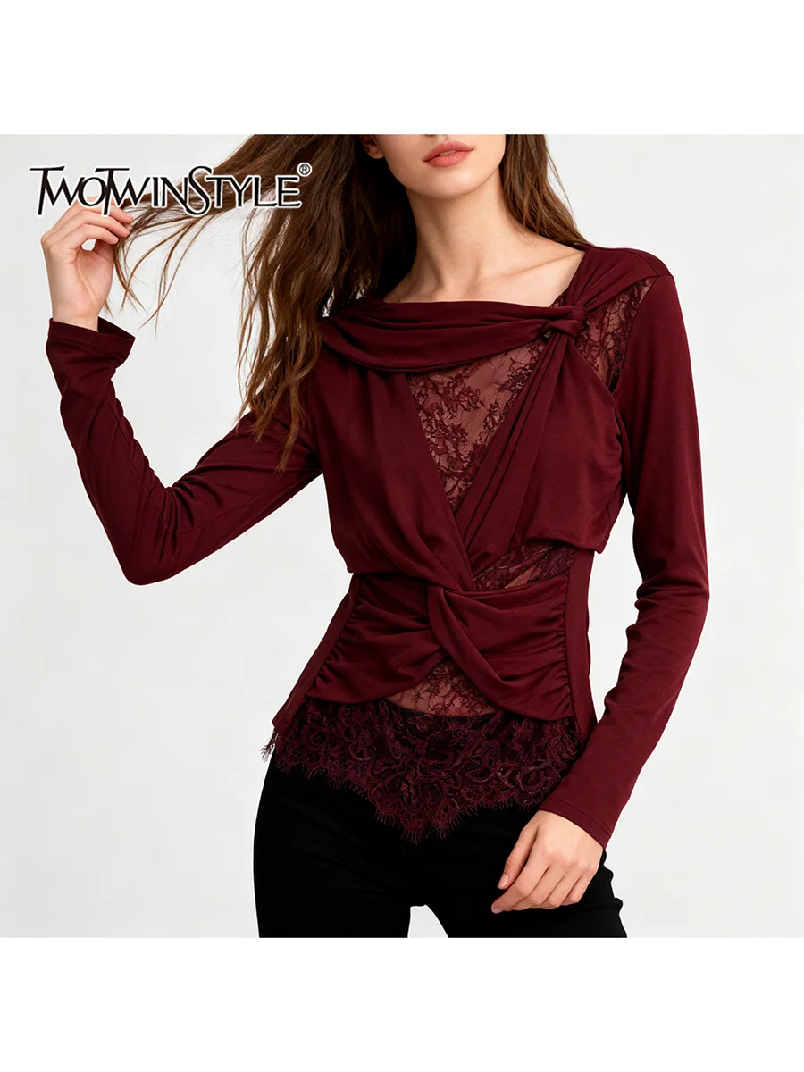 

TWOTWINSTYLE утягивающие прозрачные сращенные складки нерегулярные футболки для женщин с v-образным вырезом и длинными рукавами в стиле пэчворк, кружевная сексуальная футболка женская