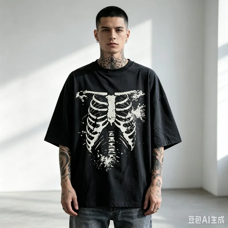 T-shirt décontracté unisexe à imprimé crâne style sombre, grande taille, nouveauté été
