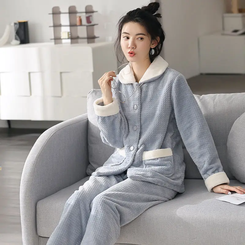 2023 Herfst Winter Nieuwe Vrouwen Pyjama Koraal Fleece Verdikte Warm Tweedelig Pak Losse Casual Huiskleding Mode Nachtkleding