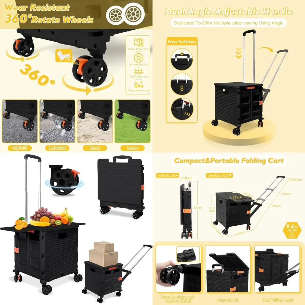 

Folding Utility Cart with 4 Swivel Wheels, Adjustable Handle, and Magnetic Lid for Storage, Shopping, and Office Use (Black)