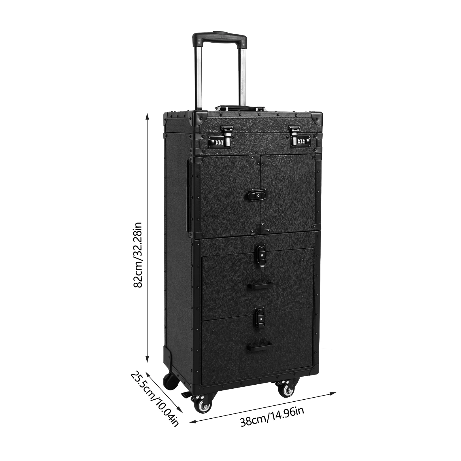 Vintage Black Rolling Hairdressing Tool Case with Upgraded Metal Wheels - Full Black Stylist Trolley for Professional Salon Use