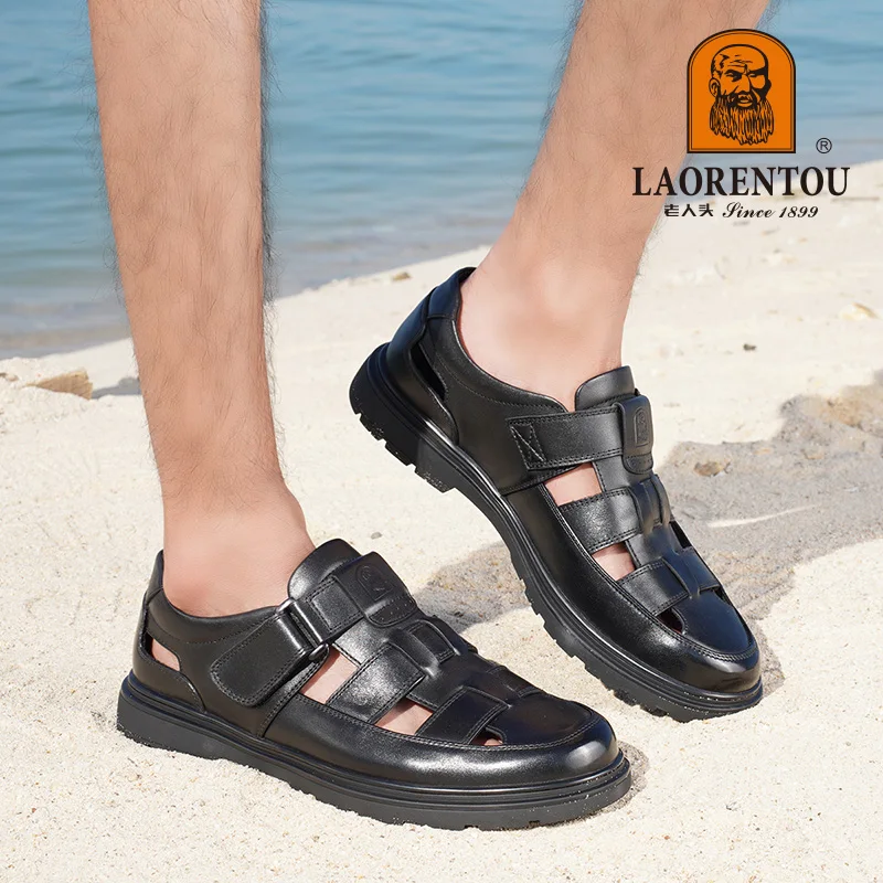 LAORENTOU leather sandals, men\'s breathable hollow hole shoes, toe wrapped cowhide, anti slip and wear-resistant casual shoes