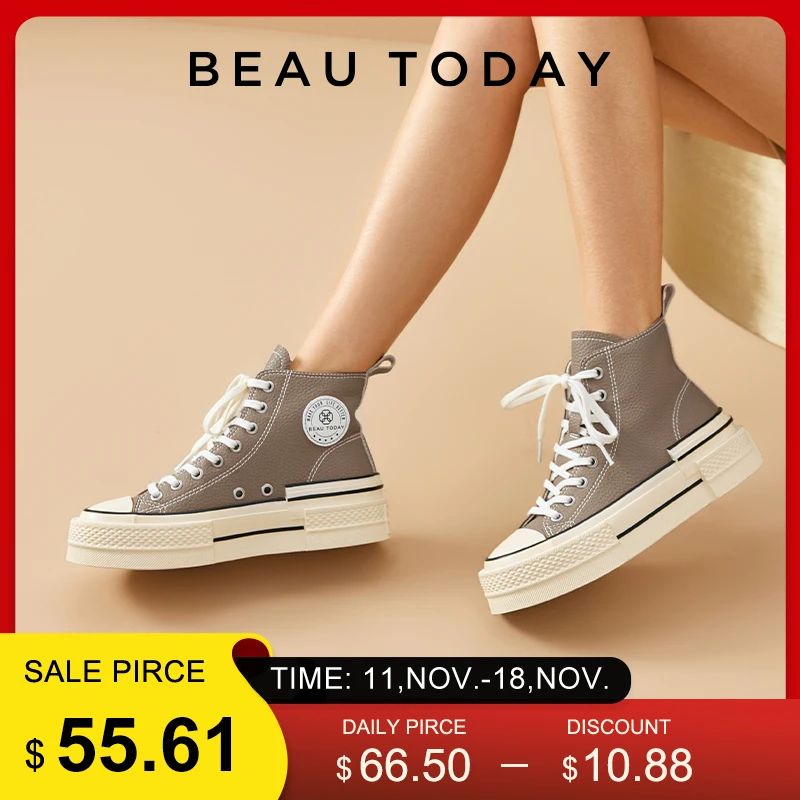 BEAUTODAY High-top Canvas Shoes Women Geninue Cow Leather Spring Sneakers Lace-up Fashion Ladies Shoes Handmade 29249