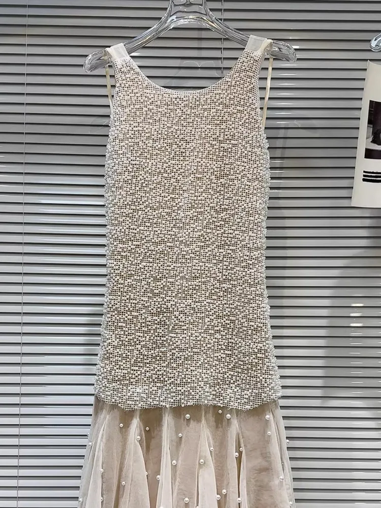 DFDG Damska Letnia Beżowa Sukienka Maxi Bez Rękawów Z Tiulu, Ozdobiona Perłami, Elegancka, Formalna, Na Imprezę, Modna Sukienka Damska 2025