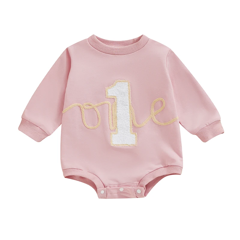 Baby First Birthday Romper, Long Sleeve Crew Neck Letters Fall Bodysuit Clothes for Girls Boys