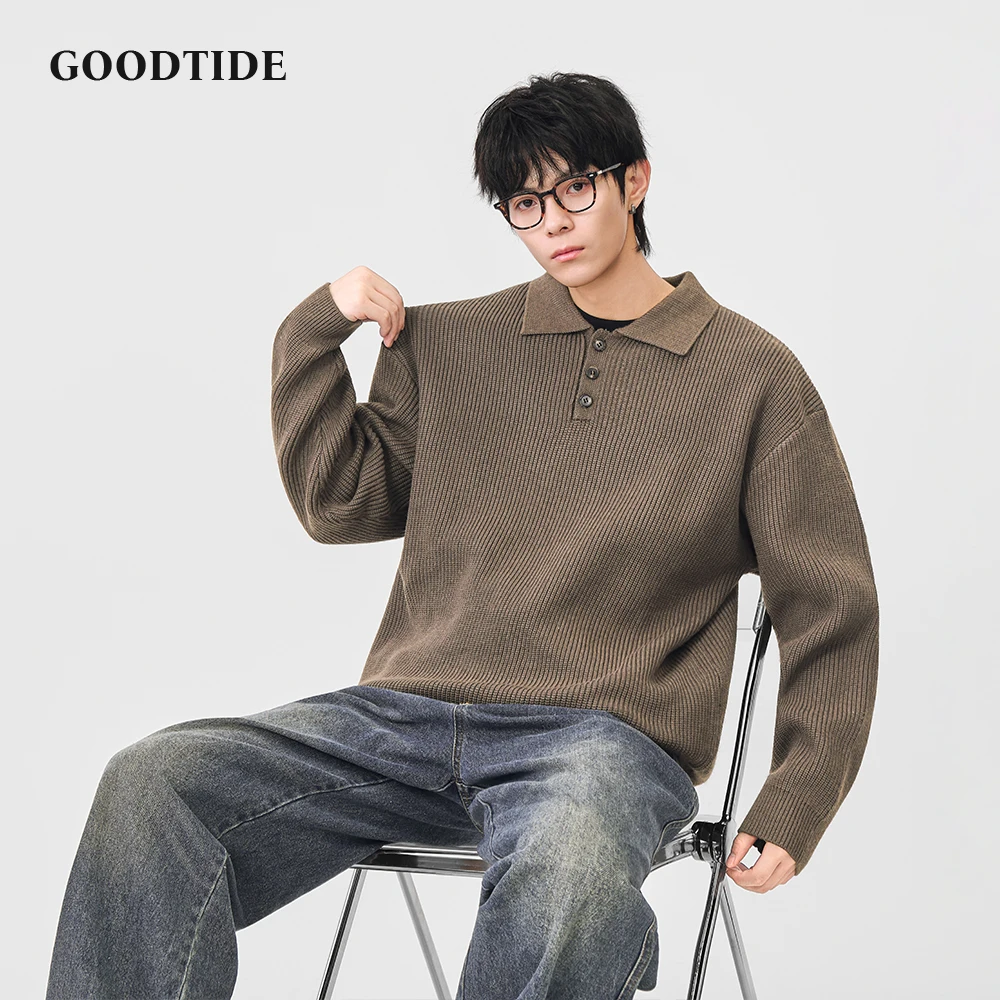 Fashion Men's Casual Polo Collar Sweater 2025 Winter New Ribbed Knitted Pullover Button Placket Soft Long Sleeve Jumper Top