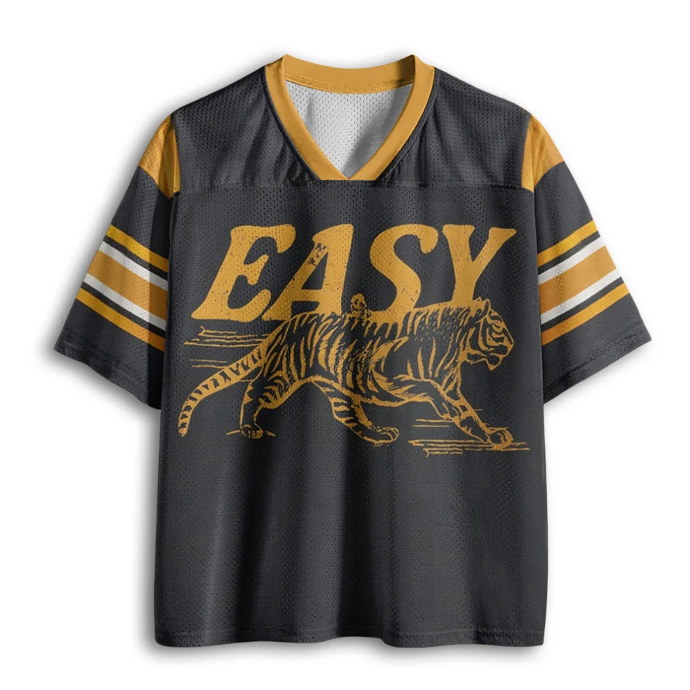 V Neck Mesh Football Jersey Vintage Distressed Walking Tiger EASY Letter Print Striped Sleeve Loose Sport Tee