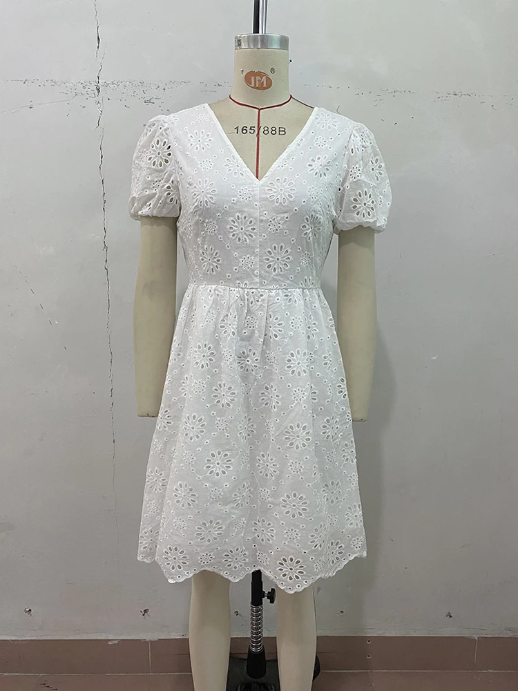 2024 New Summer V-neck Dress White Short Sleeved Women\'s Fashion Hooked Flower Hollow Lace Dresses Open Back Lace Up Dress