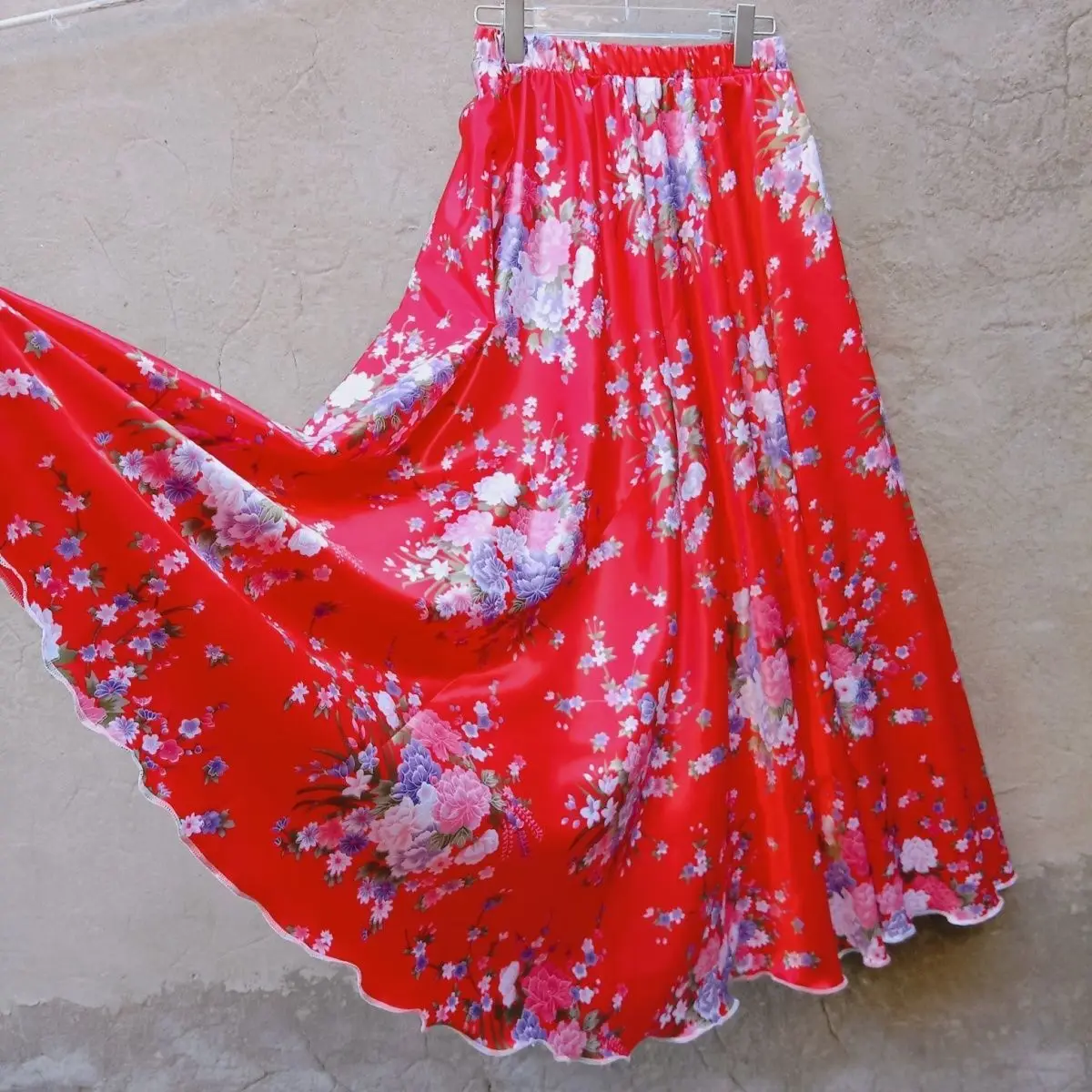 Summer Glossy Satin Silk Long Skirt Sexy Women High Waist Skirt Floral Print Pleated Bottoms