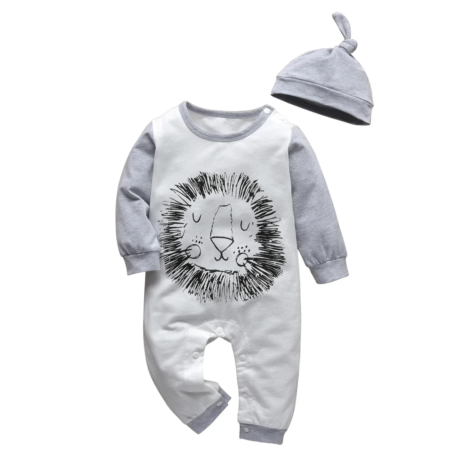 Spring Autumn Newborn Infant Baby Boy Romper Cotton Long Sleeve Lion Print Toddler Jumpsuit Playsuit Come with Hat 2PCS Clothes