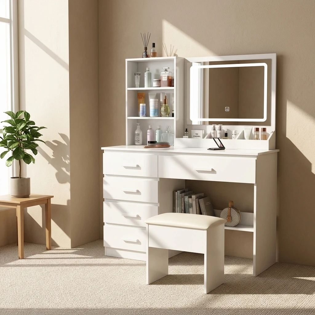 ^For Explosions Minimalist Birch Wood Makeup Dressing Table with LED Lighted Mirror Cross-Border Europe & US Bedroom Furniture