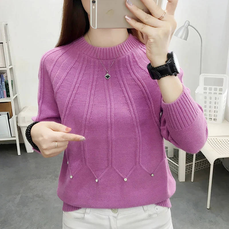 Autumn Winter New Solid Color Diamons Loose Casual Jumpers Female Simple All-match Fashion Knitting Pullover Tops Women Sweaters