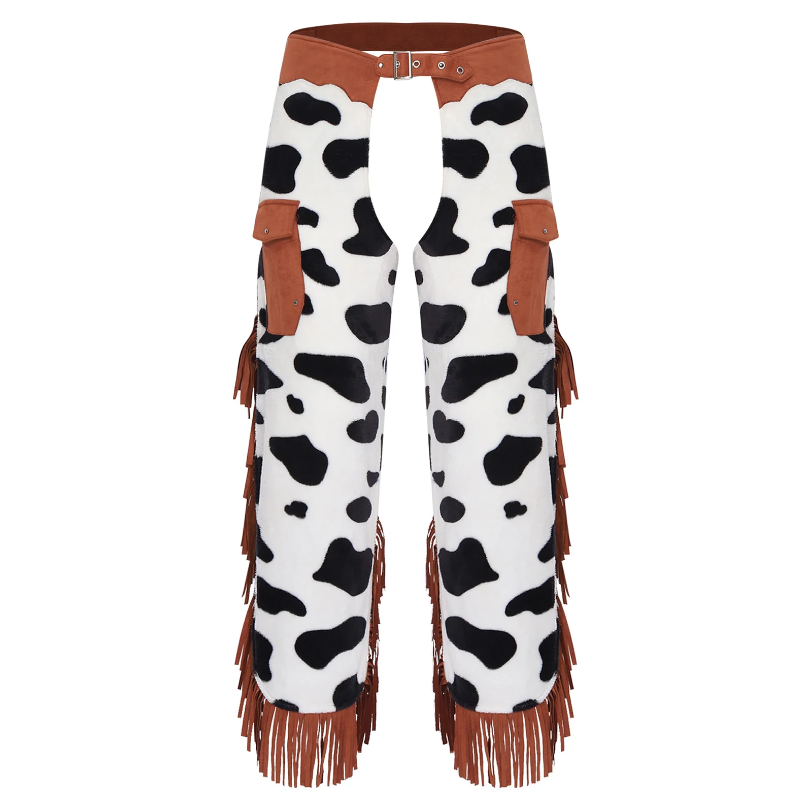 Womens Cowgirls Flannel Chaps Cowboy Costume Bottoms Cow Spot Print Side Tassel Hollow Out Adjustable Waist Assless Capri Pants view 5