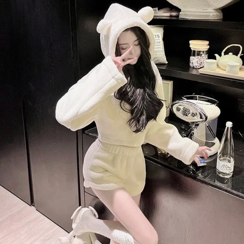 Pajama Sets Women Kawaii Hooded Long Sleeve Sleepwear Cozy Students Faddish Japanese Style Pijamas Loose Home Sweet Girls Wear