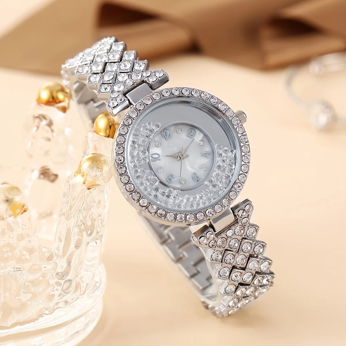 2pcs/set 1pc Ladies Fashion Rhinestone Roman Steel Strap Quartz Watch 1pc Heart Rhinestone Bracelet Set