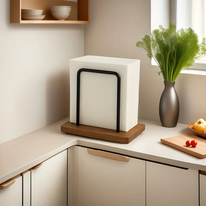 

Держатель для салфеток из нержавеющей стали с основанием из массива дерева - прямоугольная подставка для хранения салфеток для ванной, спальни, гостиной, столешницы