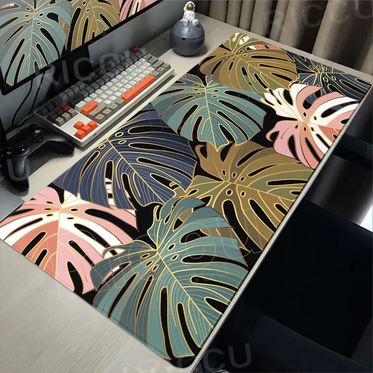 Schreibtischunterlage mit grünen tropischen Pflanzenblättern, Monstera deliciosa-Muster, Mauspad, Pflanzen-Mausmatte, erweiterte Bürounterlage, XXL-PC-Zubehör