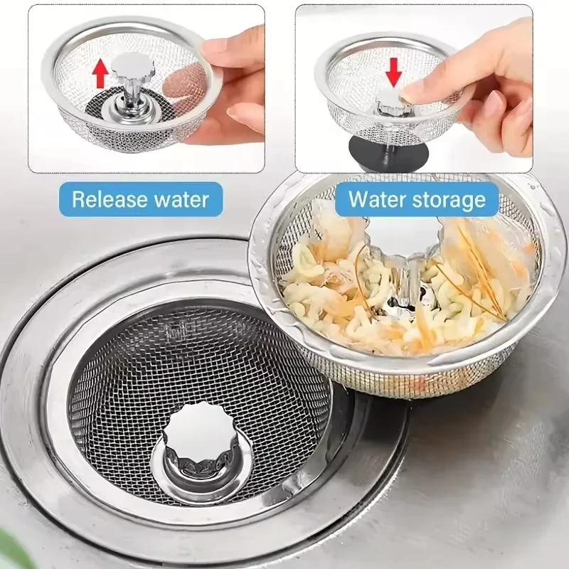 ​Kitchen Sink Strainer With Handle Stopper Replacement Drain Basket Stainless Steel Mesh Filter Waste Hole 2024 New