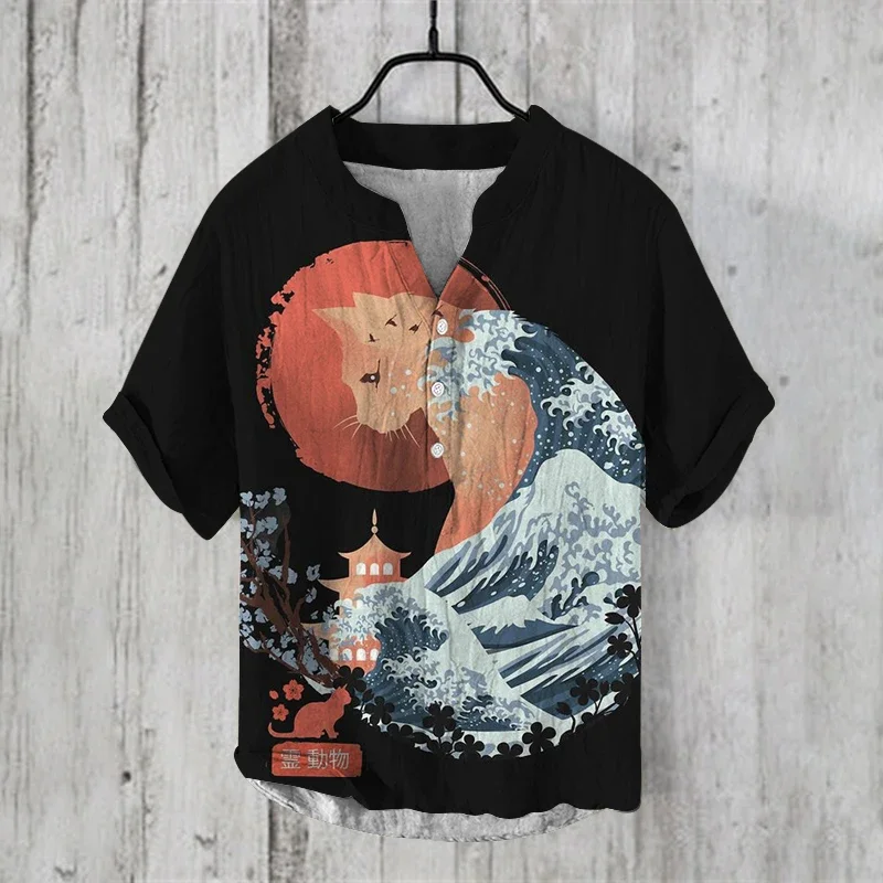 New 2024 Japanese-style 3D Print Vintage Henley Shirts Men's Fashion Short Sleeve T Shirt Tees Tops Clothing