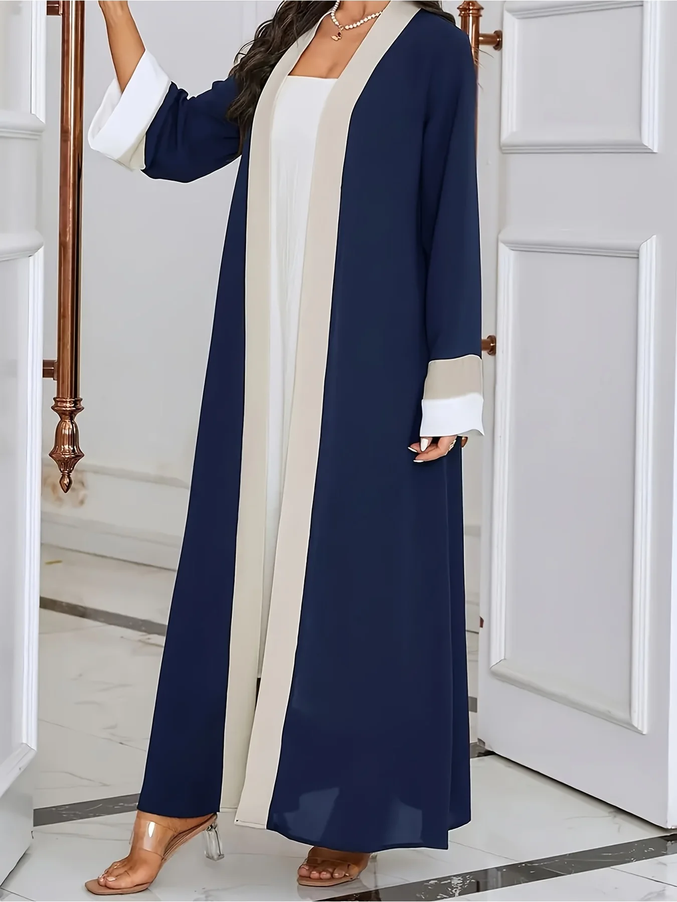 Vestido Casual Elegante de Manga Larga con Cuello Abierto para Mujer, Diseño Color Block, Corte Entallado, Extralargo, Moda Musulmana