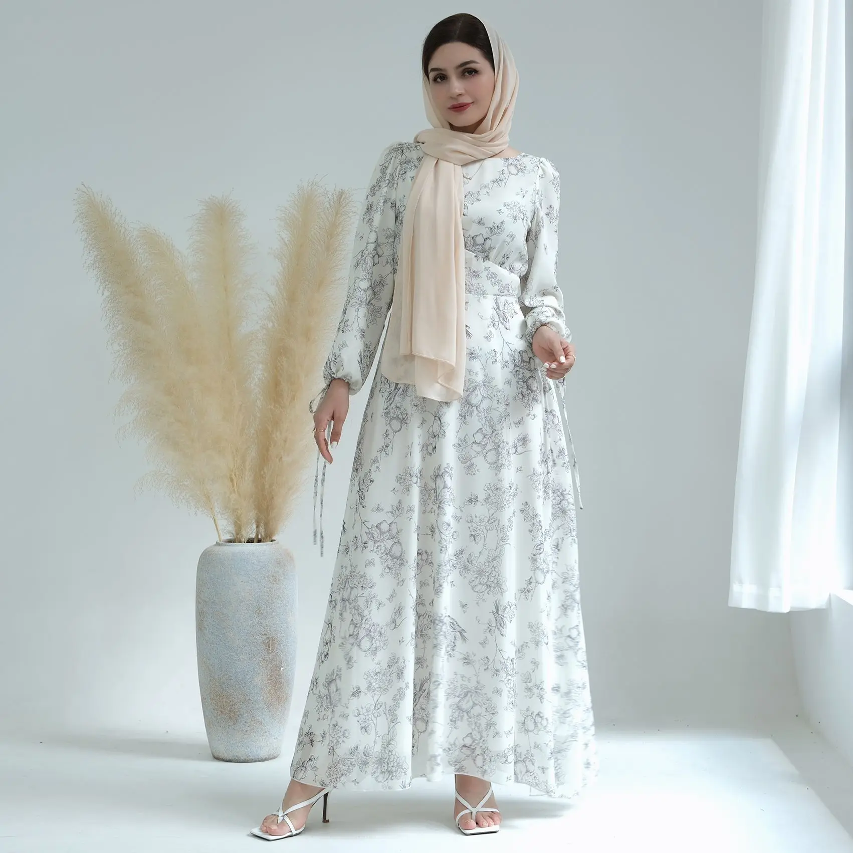 Summer Printed Chiffon Hijab Muslim Woman Full Dress Long Sleeves Dubai Turkey Modest Islam Clothing Evening Party Abaya Ramadan