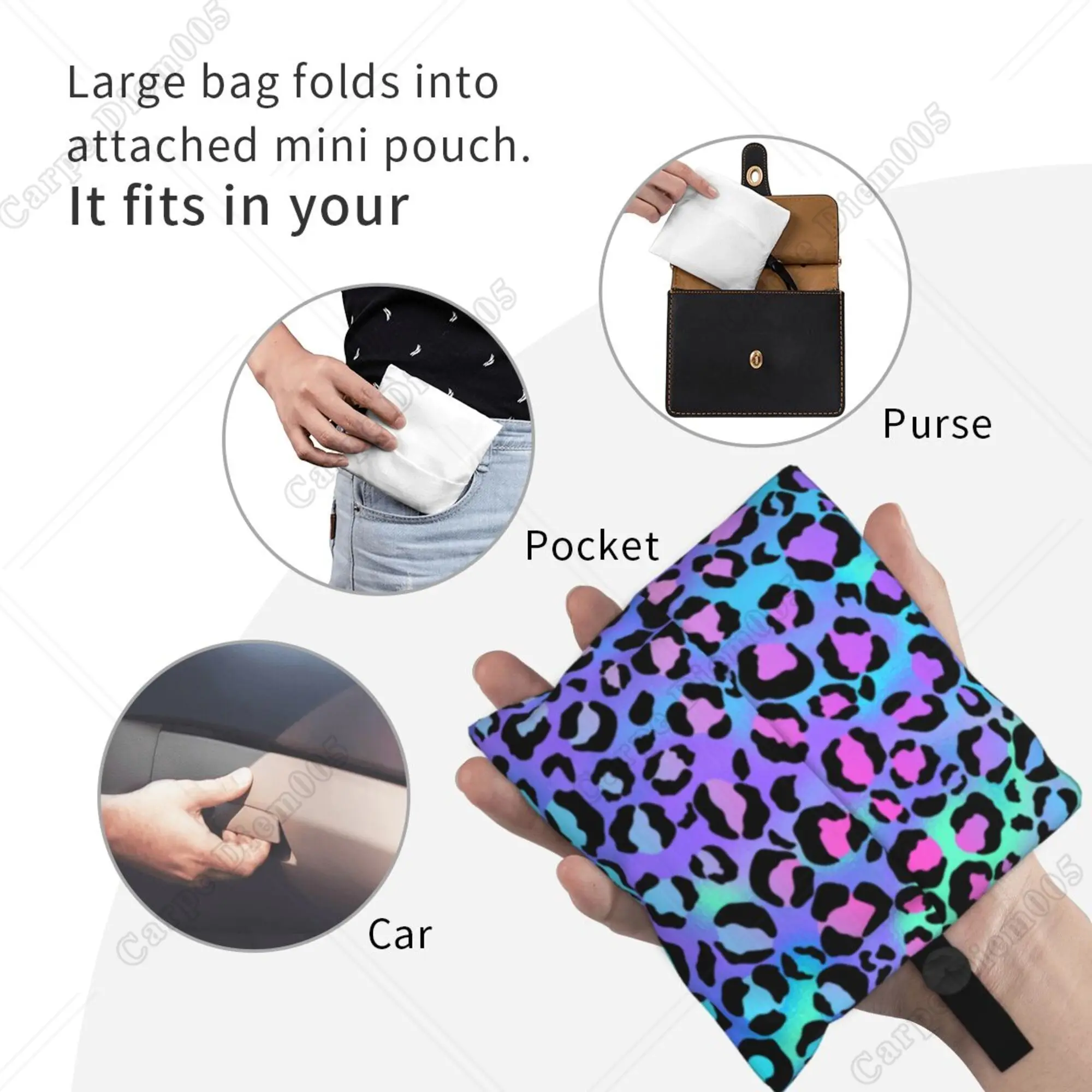 Bolso de compras plegable con estampado de leopardo colorido para hombres y mujeres, bolsa de mano portátil, bolsas de comestibles reciclables para