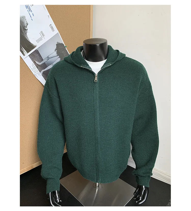 2026 New Autumn Winter Simple Solid Color Knitted Hoodie Men Japan Korean Fashion Casual Loose Double Zipper Hooded Jacket