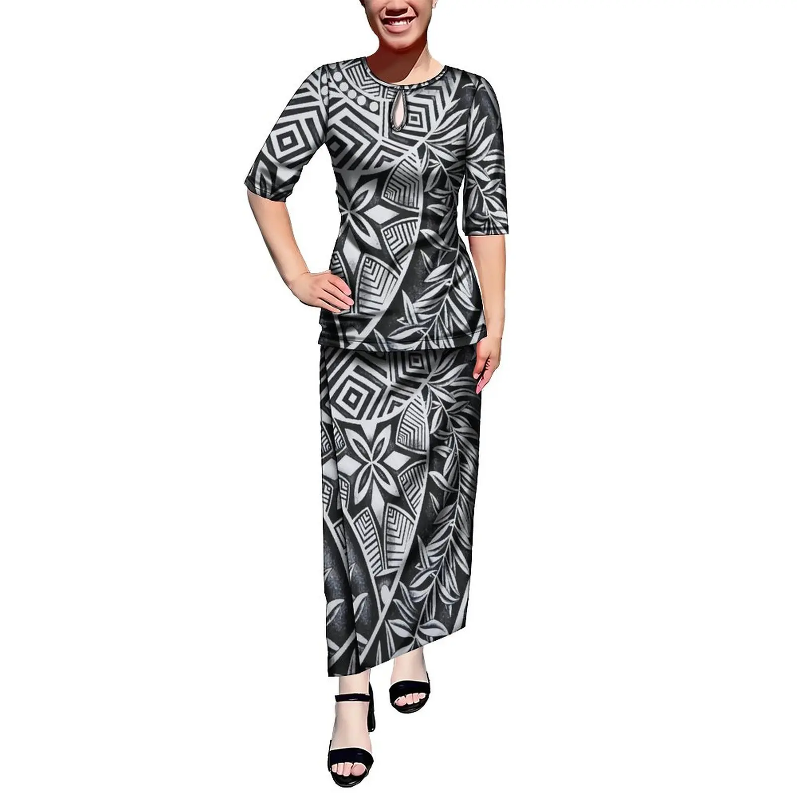 2025 New Design Women'S Crew-Neck Top And Slim-Fit Maxi Dress Puletasi Putaha Suit Polynesian Tribe Custom Dress