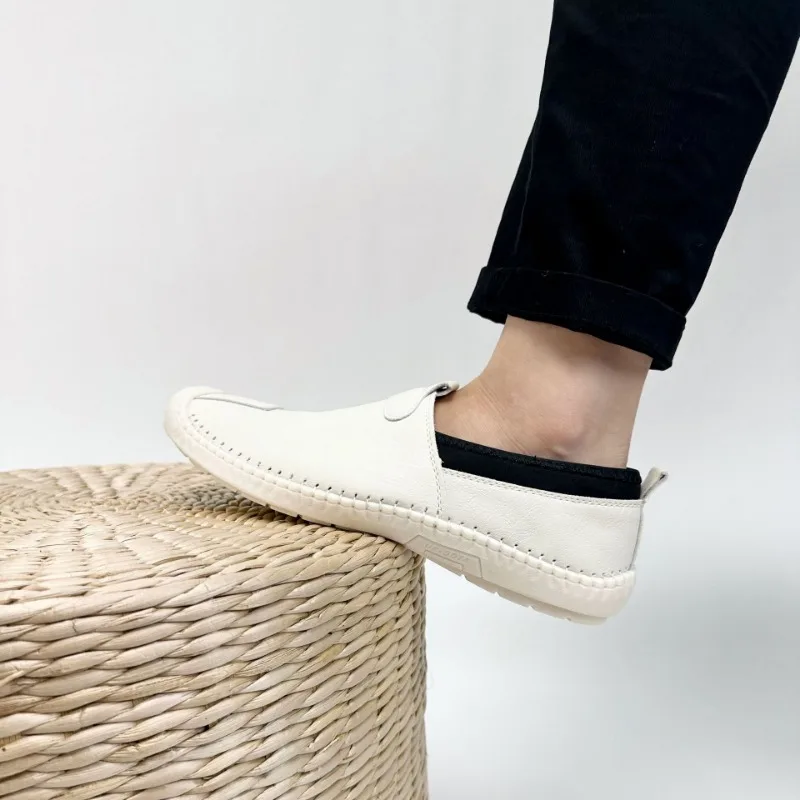 

Hand Stitched Men's Summer Microfiber Leather Casuals Tendon Sole Flat Slip on Casual Shoes Non-slip Durable Solid Color Loafers