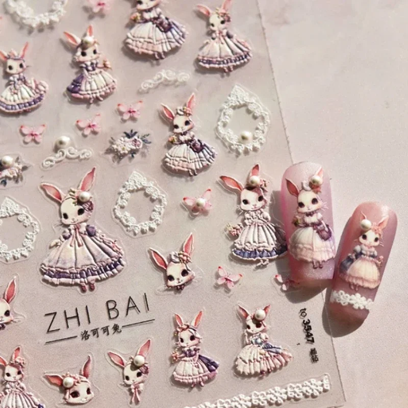 Sweet Rococo Pink Bunny Dress Pearl Butterfly Soft Relief Self Adhesive 5D Nail Art Decoration Cute Rabbit Sticker 3D Nail Decal