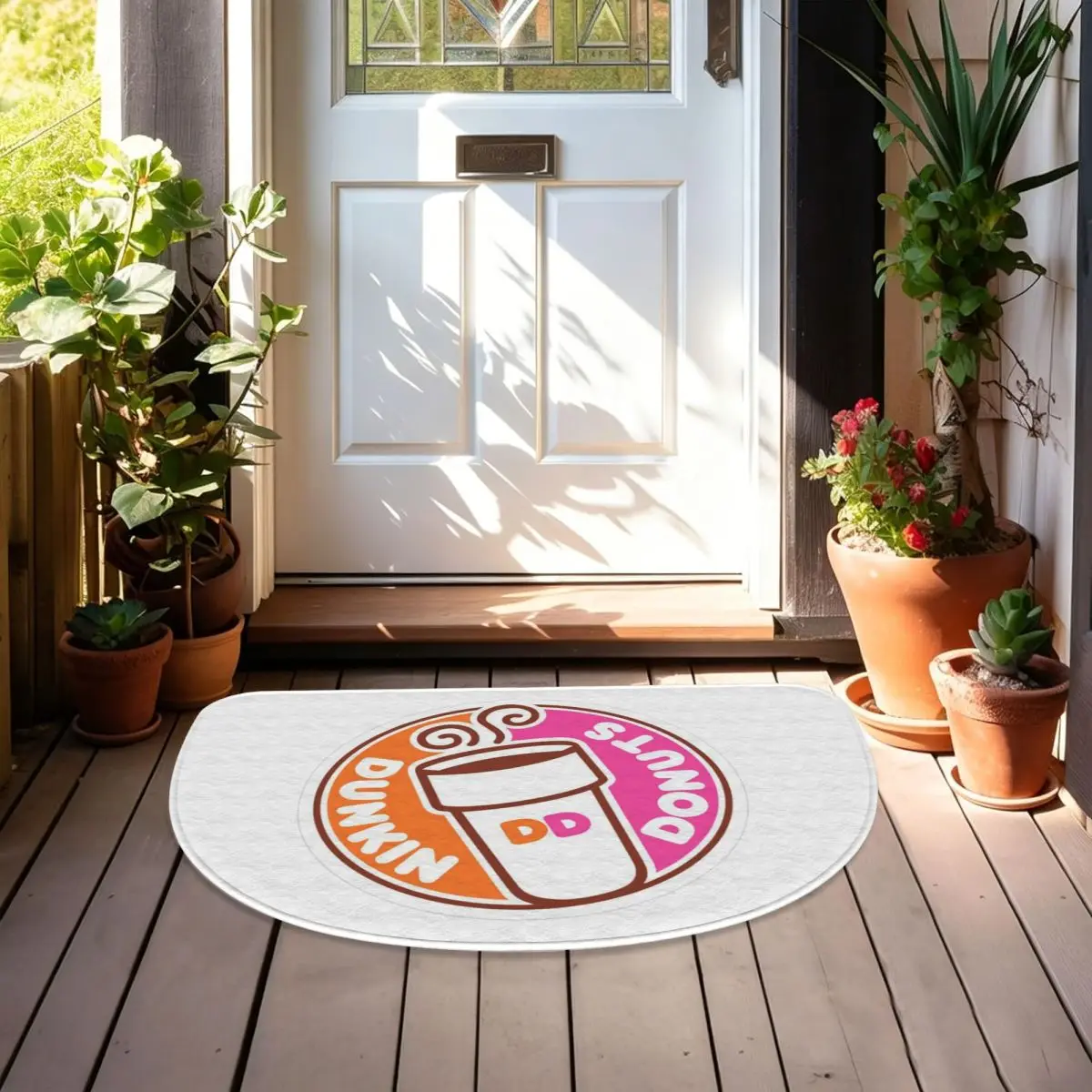 Dunkin Donuts Soft Flannel Half Round Doormat Non Slip Bathroom Mat Absorbent Floor Carpet for Laundry Room Bathroom view 6