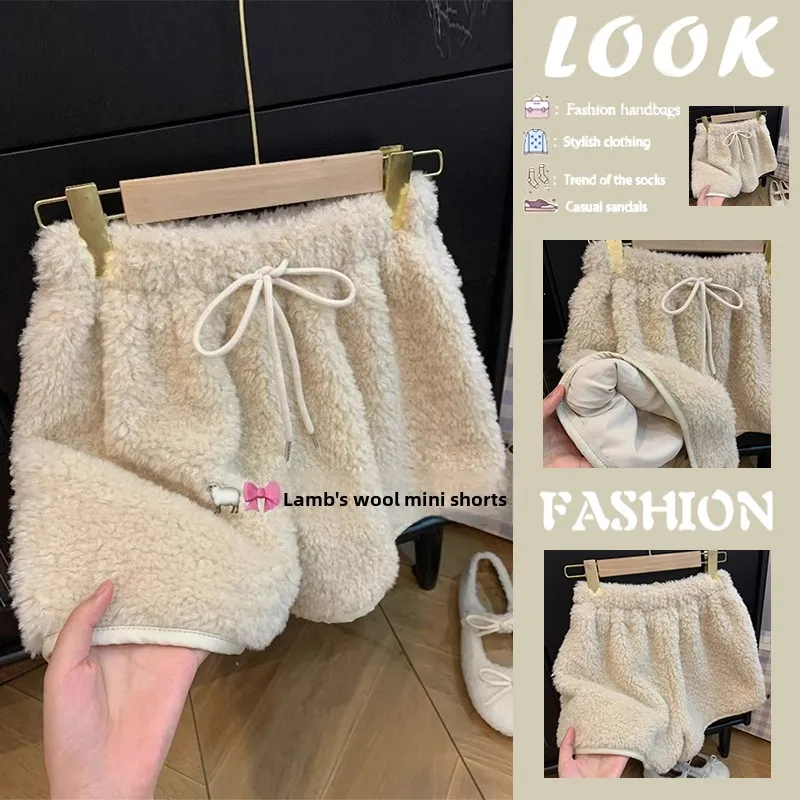 

High Waist Lamb Velvet orts Women's Outerwear Autumn Winter New Sle A-Line Pants Beige Color Commute Vintage Loose Fit