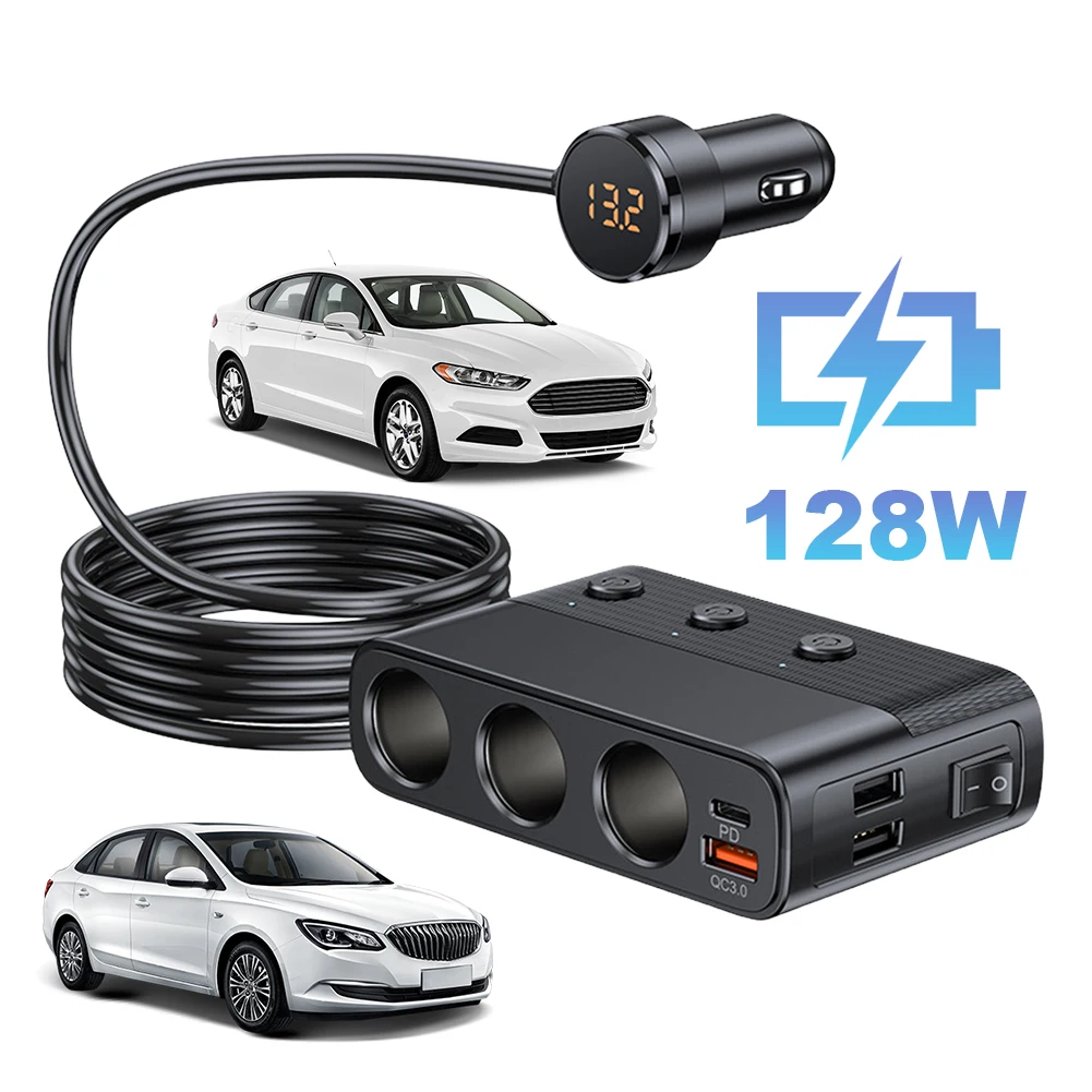 

128W 7-in-1 Car Cigarette Lighter Socket Splitter LED Voltage Display PD30W QC3.0 Car Charger Adapter 12-24V DC Cigarette Outlet