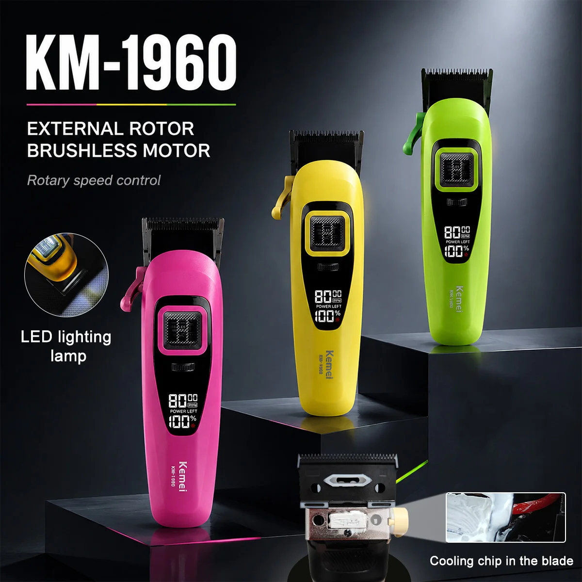 Машинка для стрижки волос Kemei KM-1960 для мужчин, 8000 об/мин, бесщеточный двигатель с внешним ротором, охлаждающие лезвия, беспроводная профессиональная машинка для парикмахеров