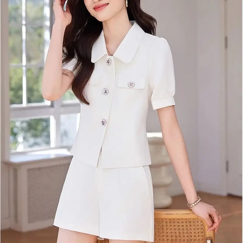 

Stylish White Slim Women's Short Sets 2 Pieces Business New Features of Matching Female Shorts Tailor Coordinated Casual Outfits