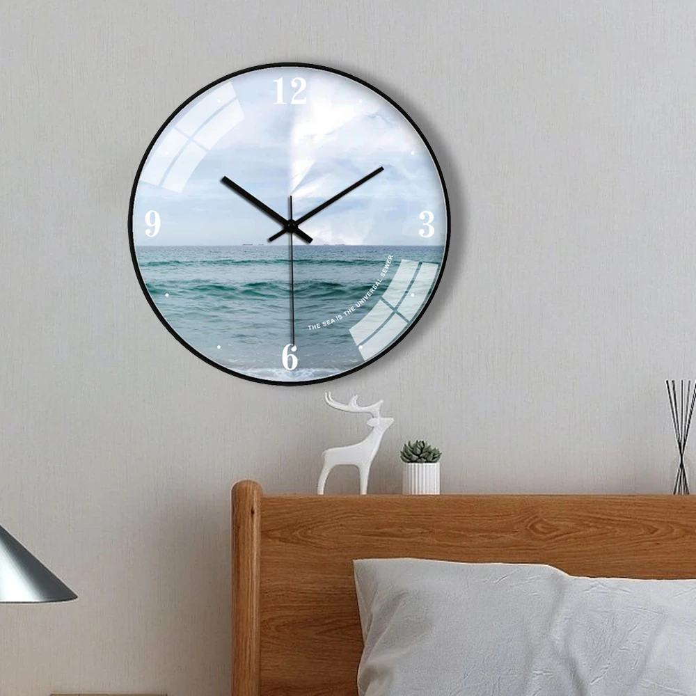 Moderne geräuschlose Wanduhr mit Meereslandschaft, Quarzwerk, elegante Dekoration für Wohnzimmer, Schlafzimmer, Hotel, Sommerstil