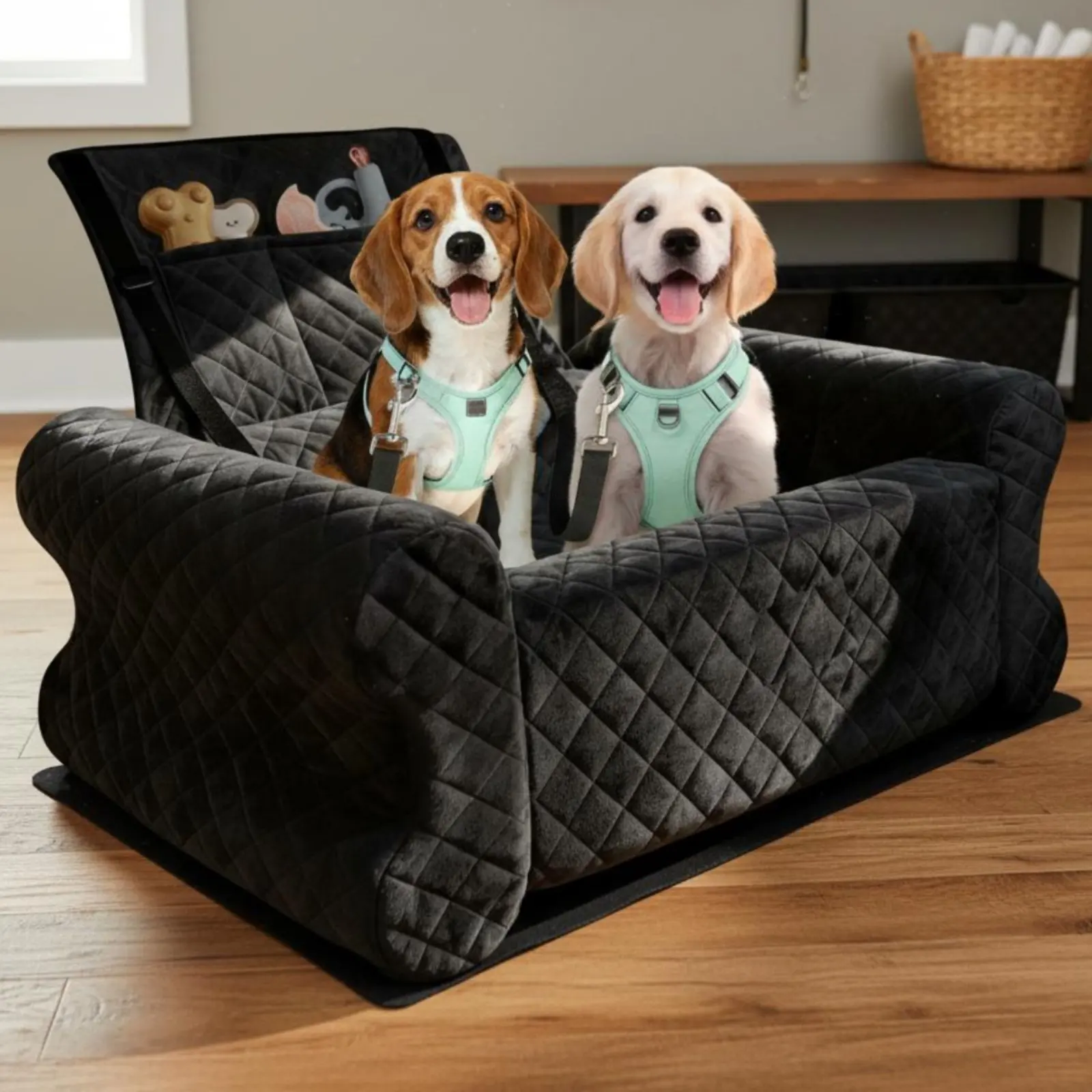 

Bone Shaped Dog Car Bed Secure Straps Pet Safety Car Seat Puppy Booster Seat Versatile Quilted Backseat Dog Lounger for Outdoor