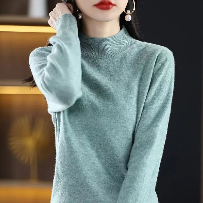 Women's half height solid color cashmere sweater loose pullover autumn and winter skin friendly base commuting knit top