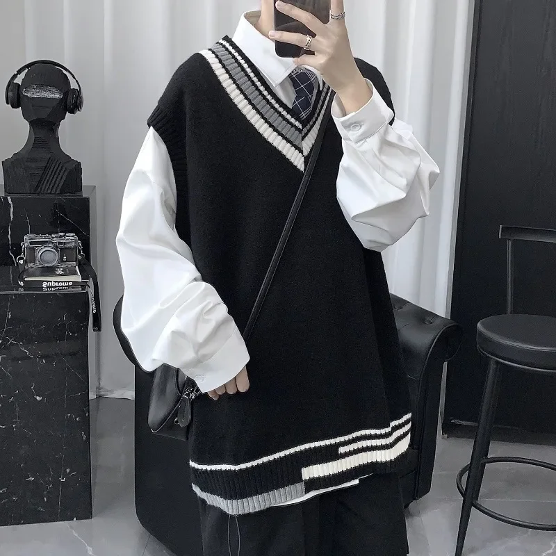 สไตล์วิทยาลัยคู่ศิลปะถักเสื้อกันหนาวแขนกุด,เสื้อกั๊กผู้ชาย,เสื้อกั๊กขนสัตว์,ผู้ชายฤดูใบไม้ร่วงและฤดูหนาวอินเทรนด์ชุดชั้นใน