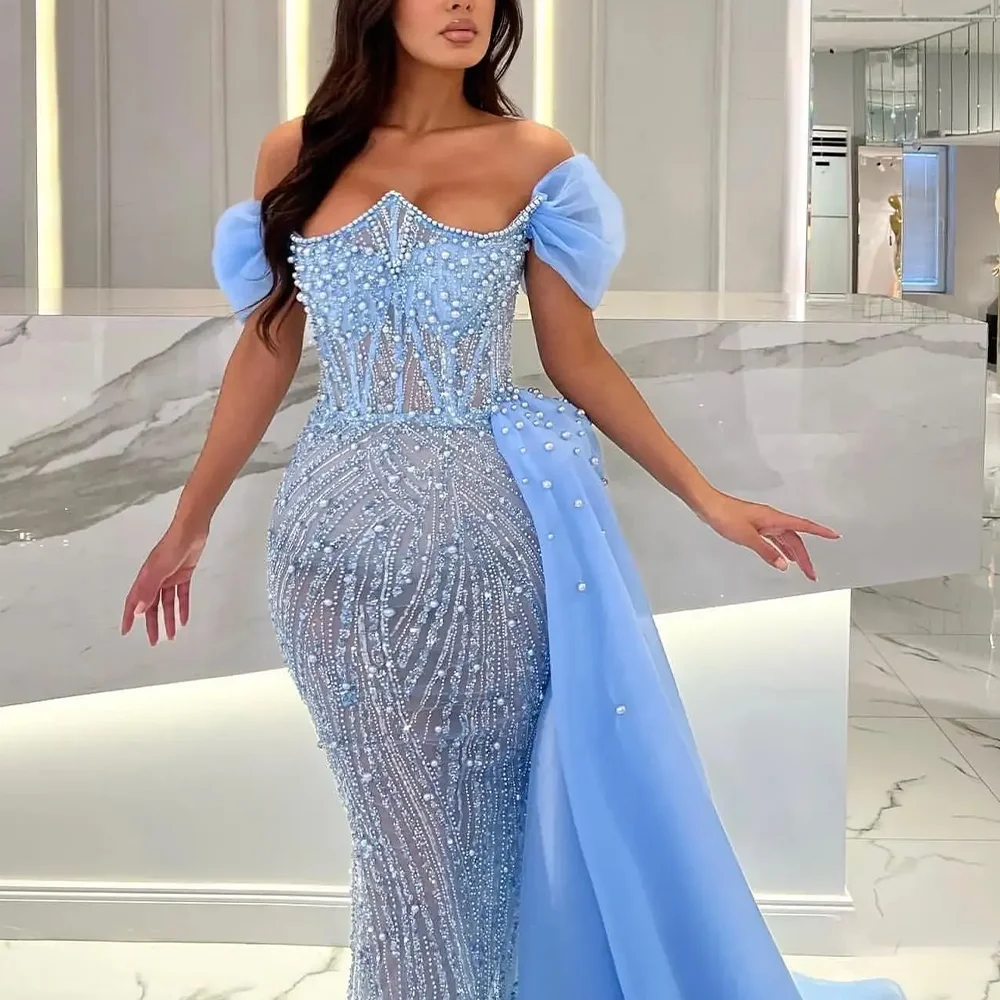 

Luxury Pearls Evening Dresses Formal Party Prom Gowns Floor-Length Trumpet Off-Shoulder Sequin Evening Prom Dresses Customized