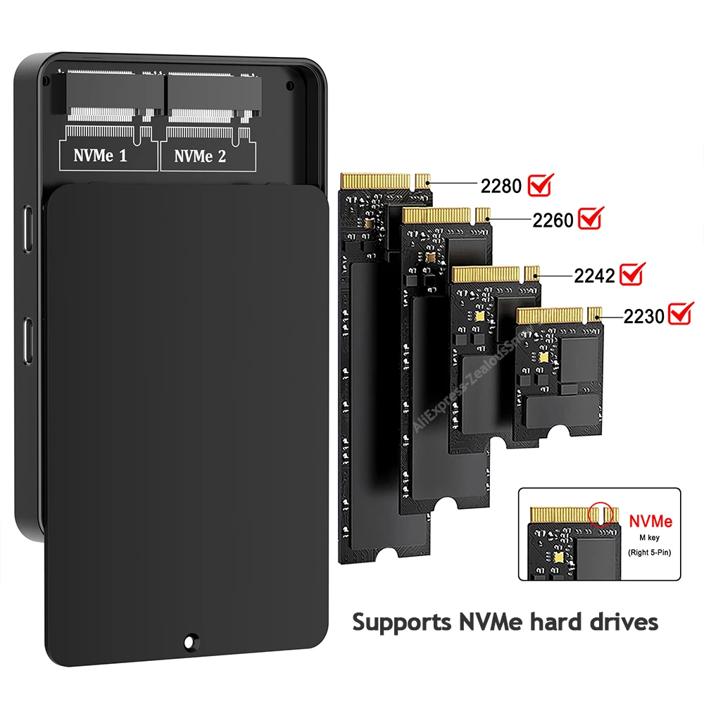 듀얼 프로토콜 M.2 SSD 케이스 듀얼 PCIe NVME 도킹 스테이션 USB3.2 GEN2 10Gbps 솔리드 스테이트 드라이브 인클로저 8TB 어댑터 지원