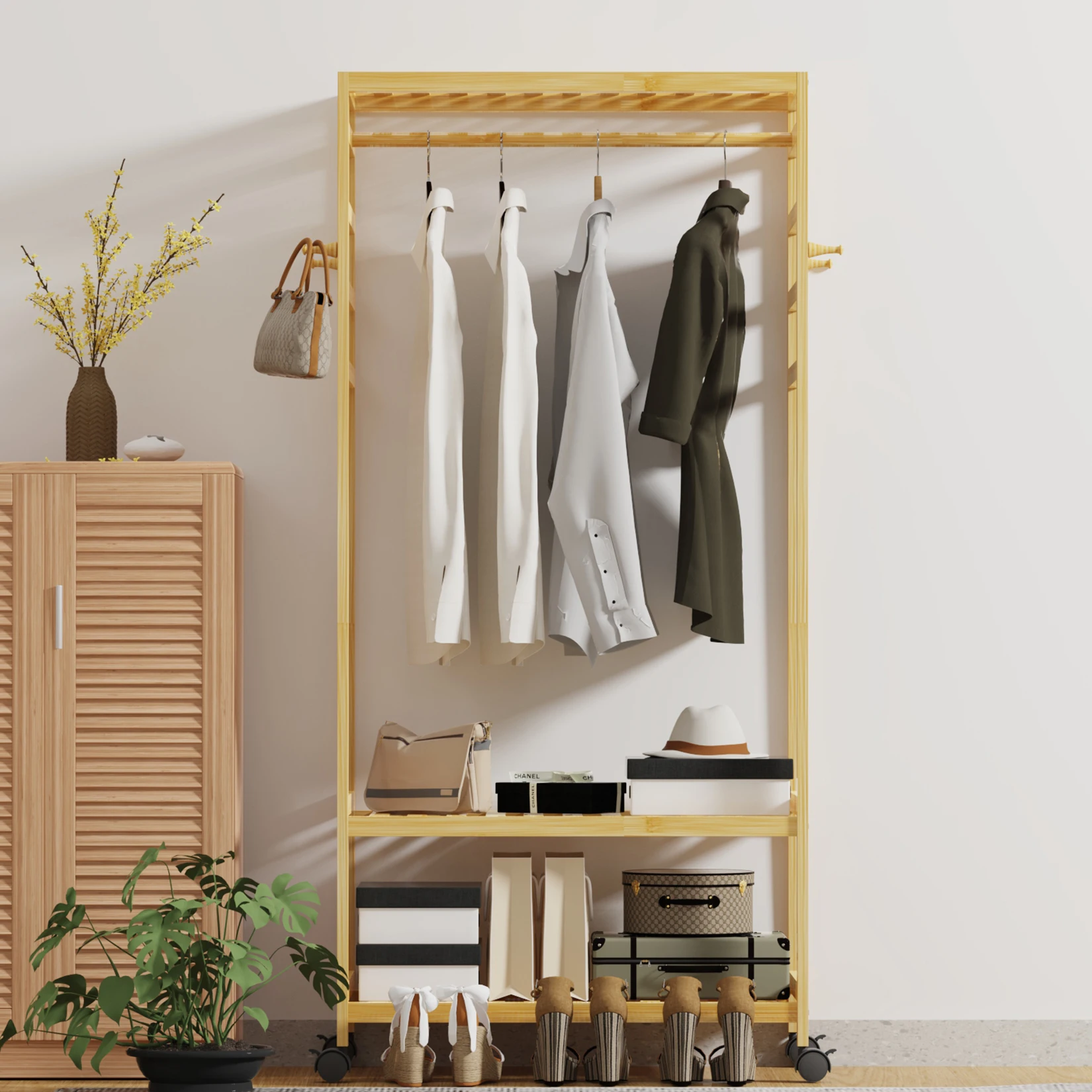 Bamboo Wardrobe Closet with Wheels Garment Rack with 3 Tiers Storage Shelves Organizer and One Top Rod for Hanging Clothes