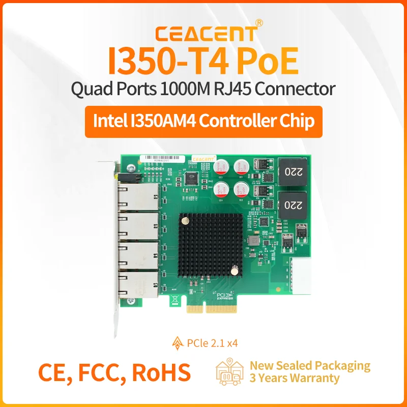 

I350-T4POE Quad Port Network Card 30Watt per port 10/100/1000M PCIe 2.1 X4 Frame Grabber
