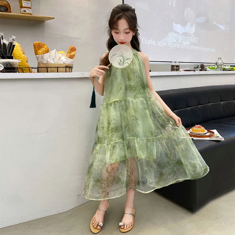 2025 new summer girls' vacation style dress Chinese style sleeveless vest children's princess dress cheongsam baby cake skirt