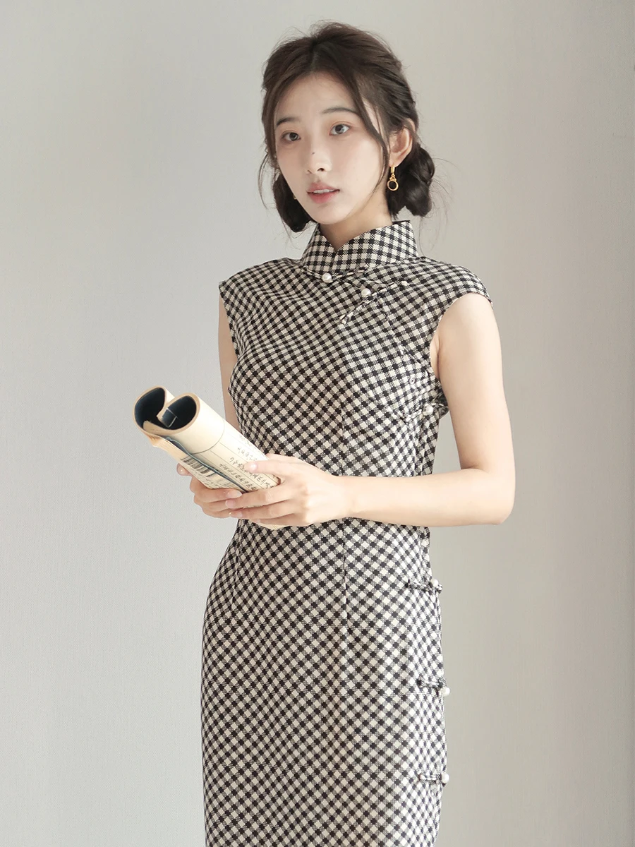 

Vintage Sle Chequered Full Open Collar Qipao Summer Flat Sed Slimming Young Beautiful Daily Wear Long Chinese Sle Dr