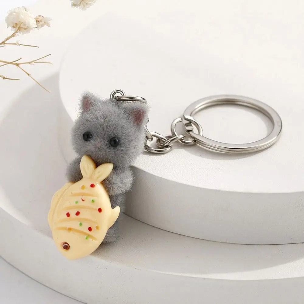 1 Pc Kawaii Cartoon Flocking Cat Keychain 3D Cat Backpack Ornament Cute Fuzzy Cat  Keychain Gifts
