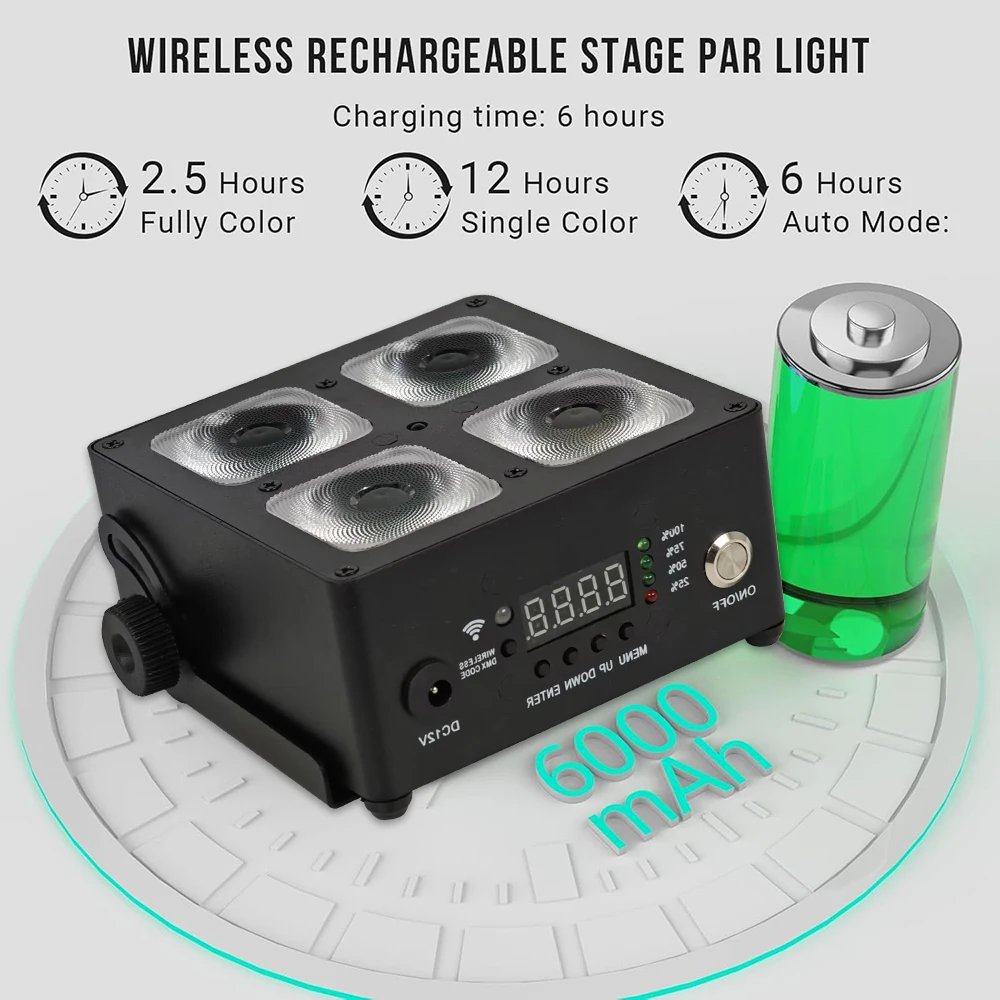4Pcs / Rechargeable Stage Light 4x 18w RGBWA UV 6in1 Led Battery Par Light With remote control, 2.4G wireless DMX, APP control