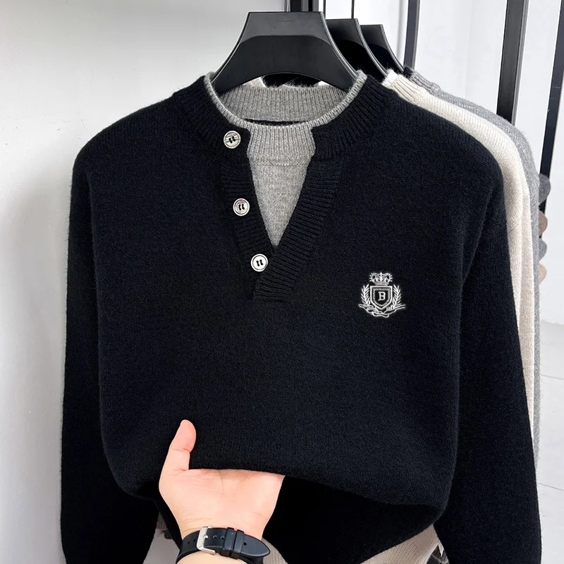British Style Men’s Long-Sleeved Knitwear Button False Two-Piece Color Blocking Embroidery Sweater Outdoors Comfort Men's Wear